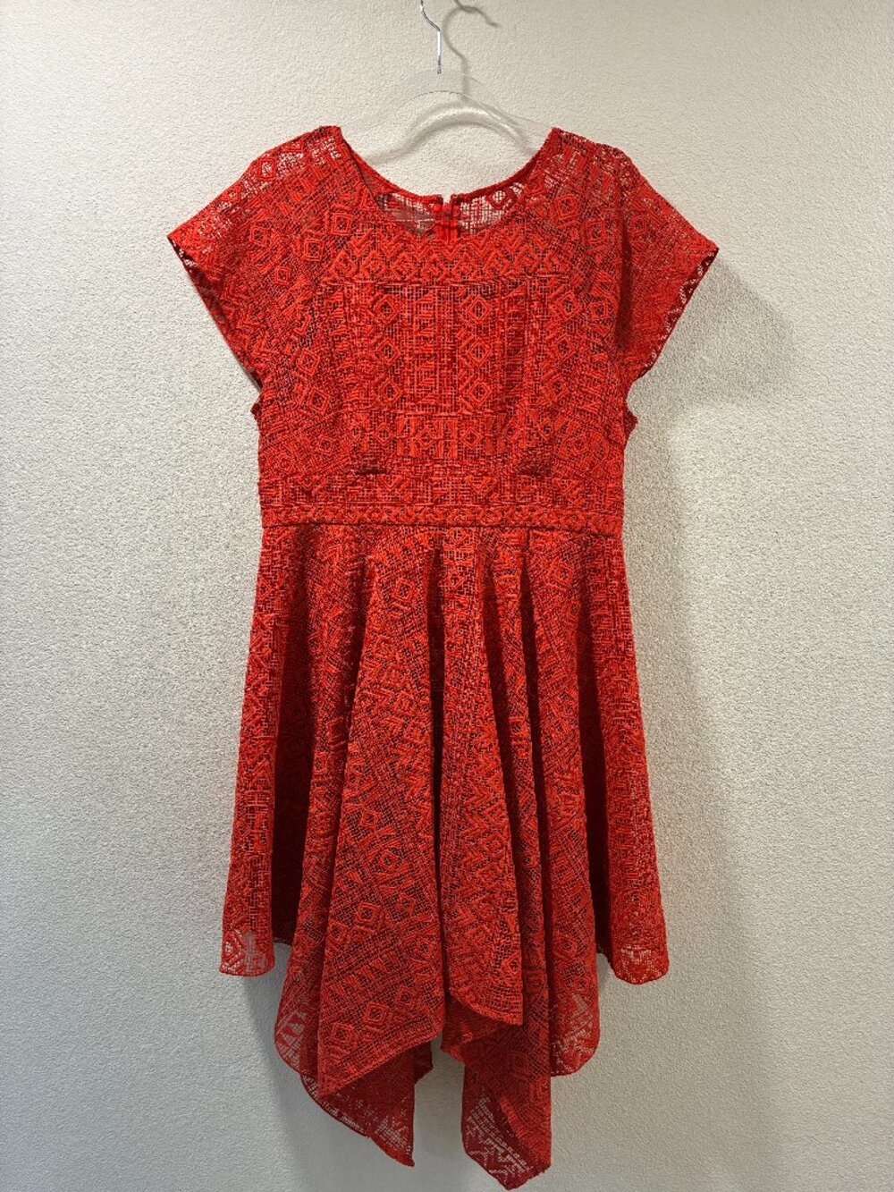 ANTHROPOLOGIE MAEVE Prima Handkerchief Hem Red/Orange Lace Midi Dress Women 14
